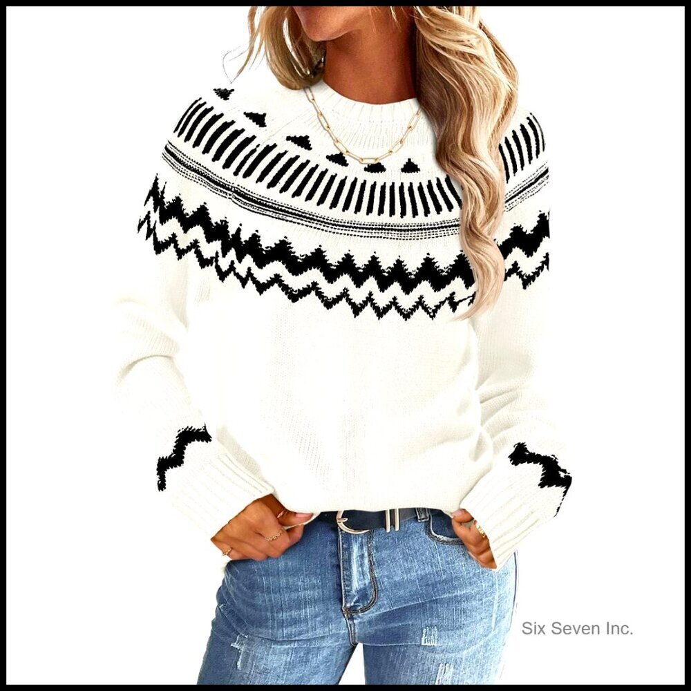 Vintage Fair Isle Argyle Pullover Sweater Oversized Crew Neck Long Sleeve Knit